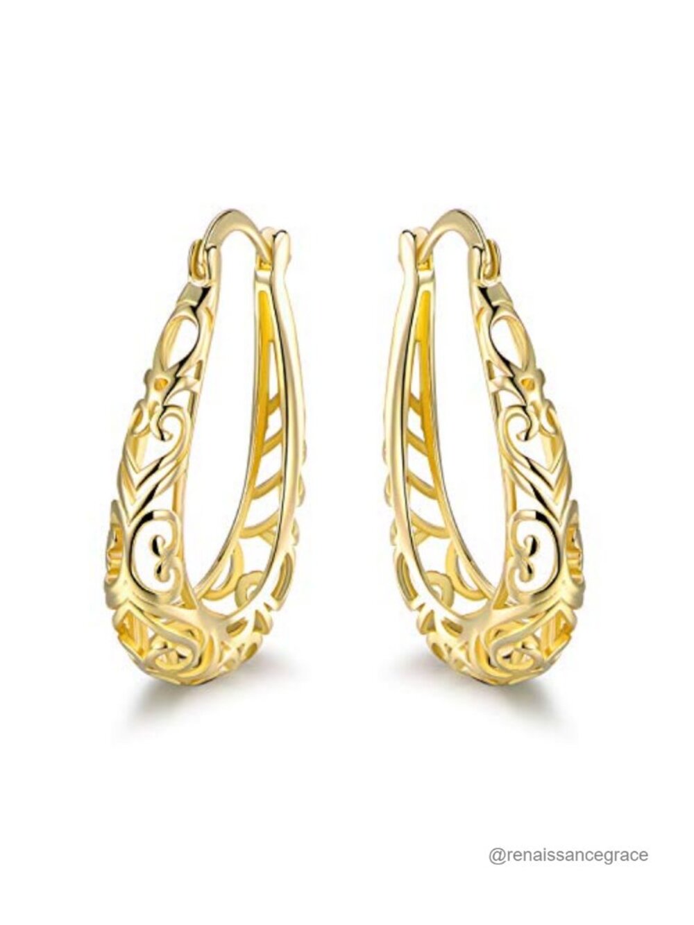 18K Gold Plated Filigree Hoop Earrings Brass Bezel Latch Back 3cm
